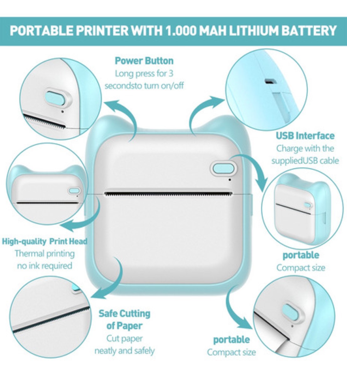 Mini Impresora Termica Impresora Portatil Bluetooth Universa blanco/azul