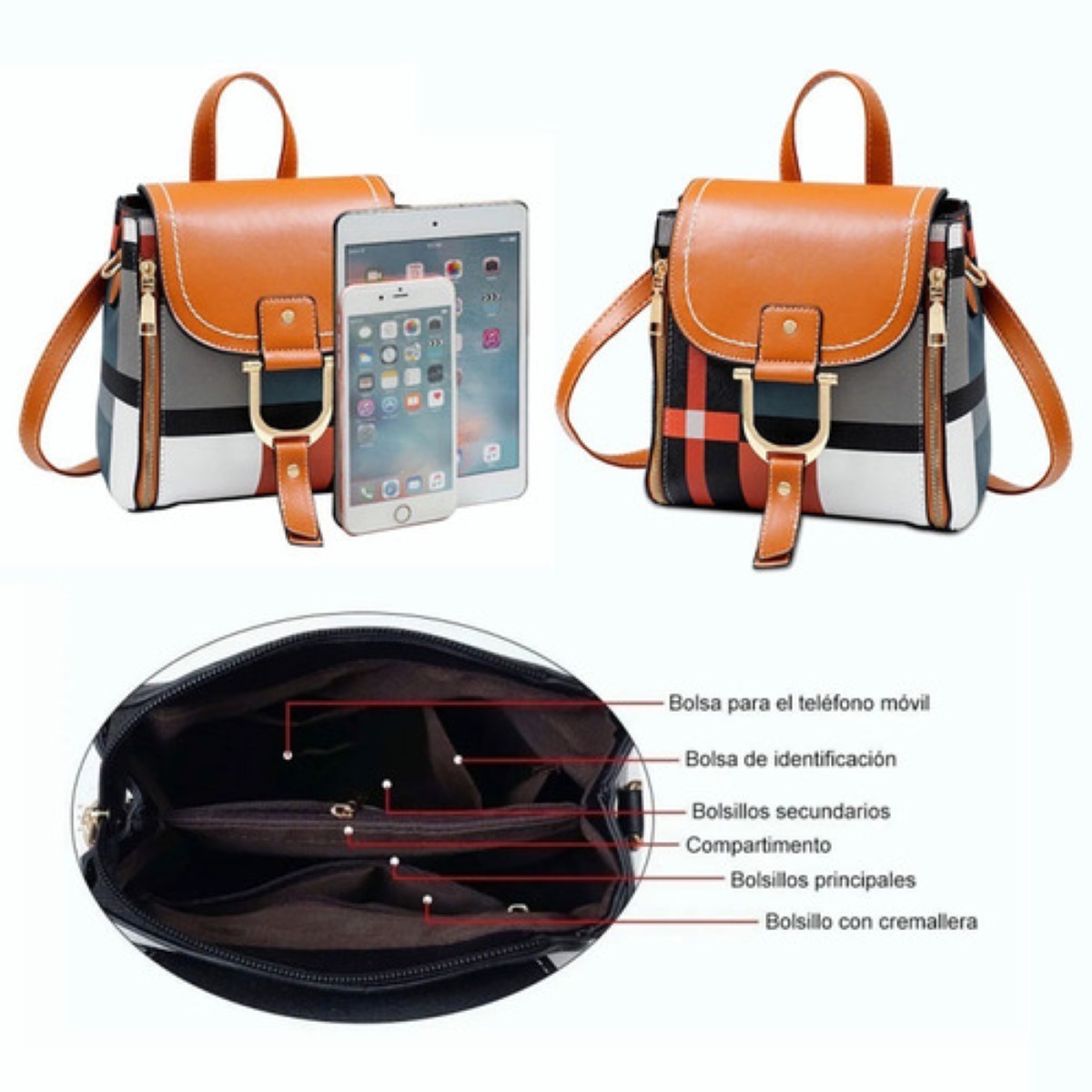 Mochila Bolso Bandolera Mujer A Cuadros Patchwork Crossbody Naranja 