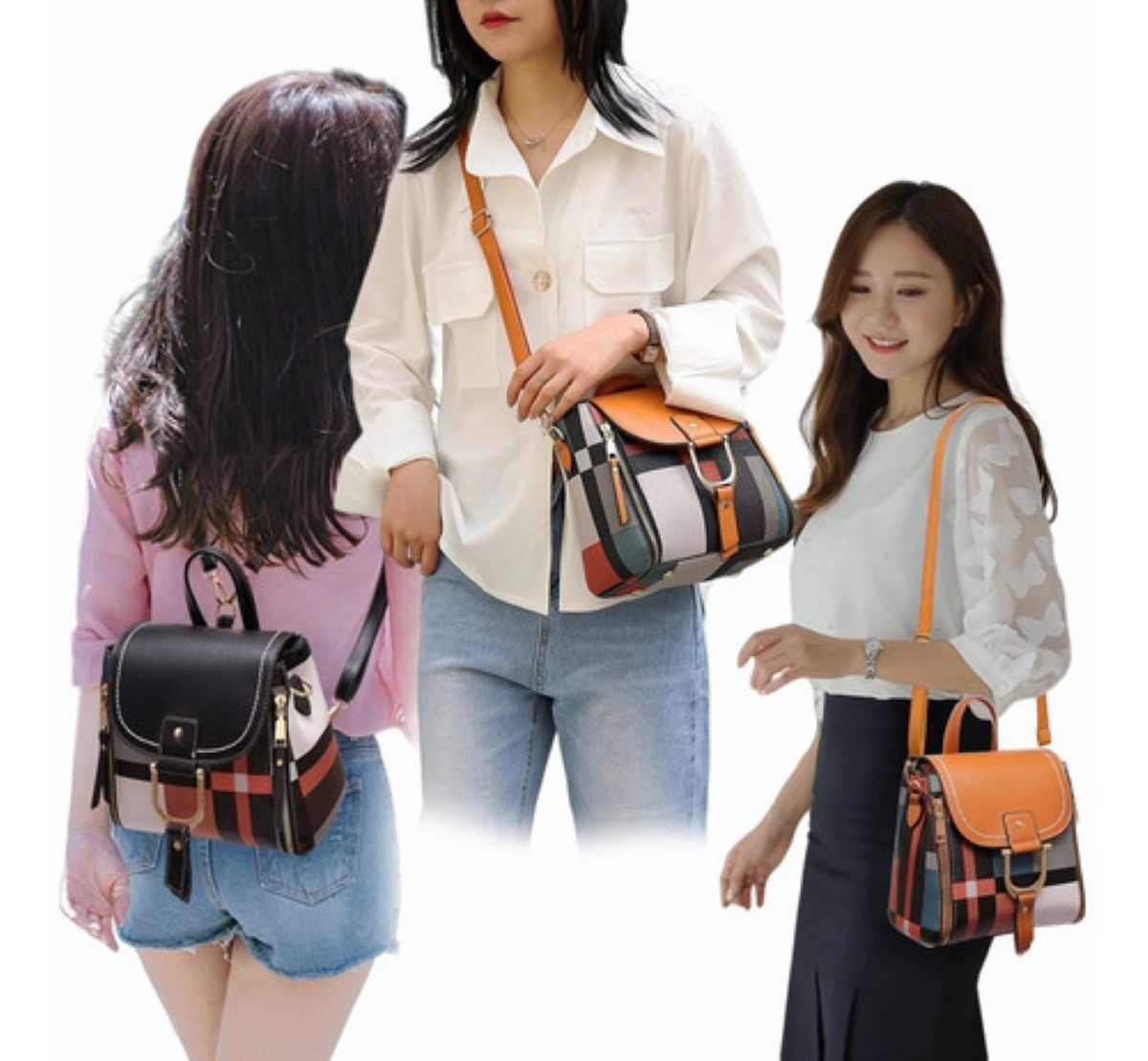 Mochila Bolso Bandolera Mujer A Cuadros Patchwork Crossbody Naranja 