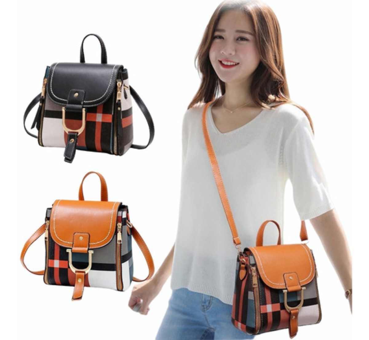 Mochila Bolso Bandolera Mujer A Cuadros Patchwork Crossbody Naranja 