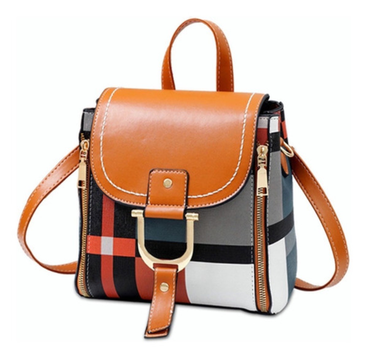 Mochila Bolso Bandolera Mujer A Cuadros Patchwork Crossbody Naranja 