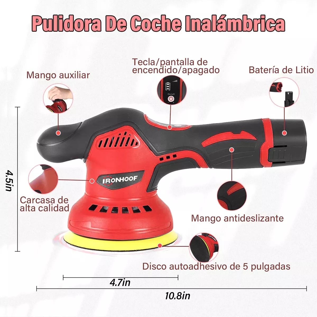 Pulidoras Autos Electrico Pulidor Orbital Inalámbrico 125mm Rojo/Negro