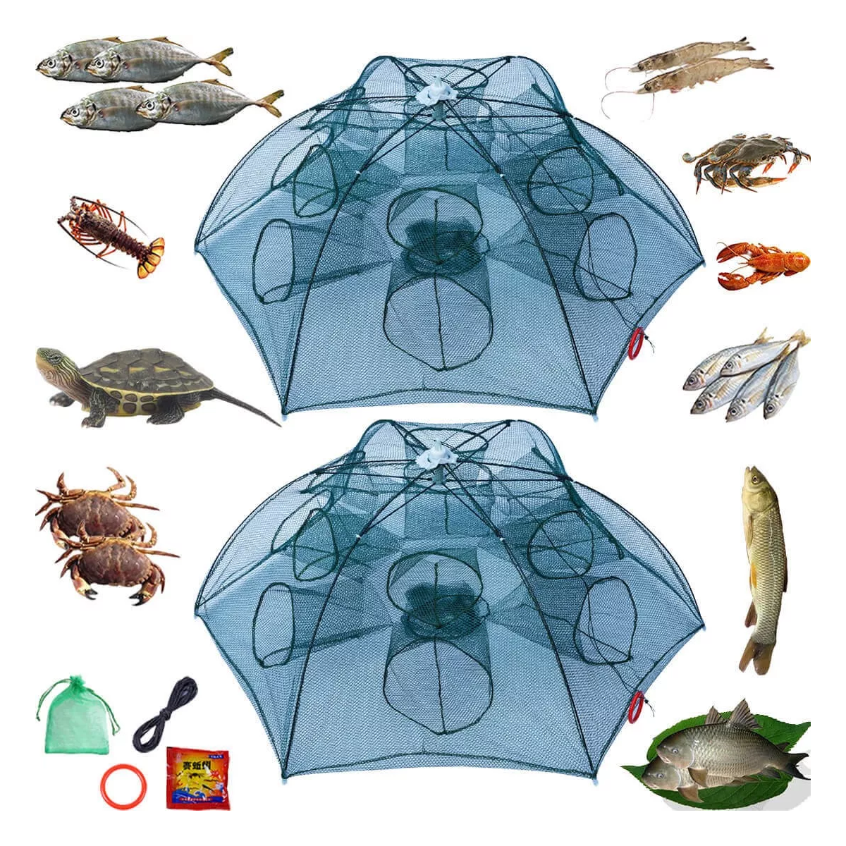 Par Trampa 12 Agujeros Plegable Red Pesca Cangrejos Peces Jaibas 