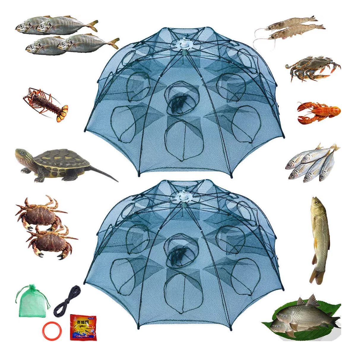 Par Trampa 16 Agujeros Plegable Red Pesca Cangrejos Peces Jaibas 