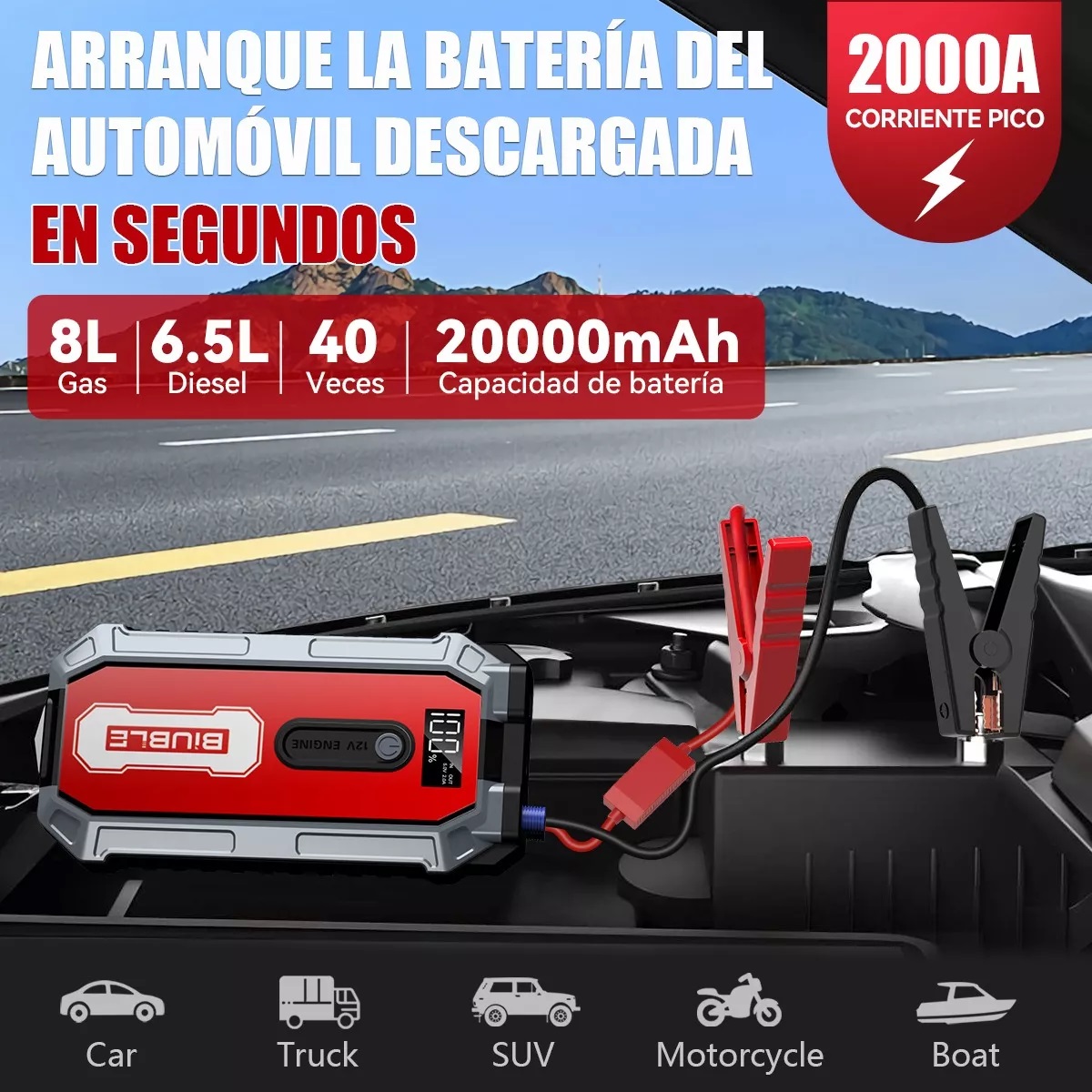 Arrancador De Batería De Coche Portátil 2000a Con Pantalla