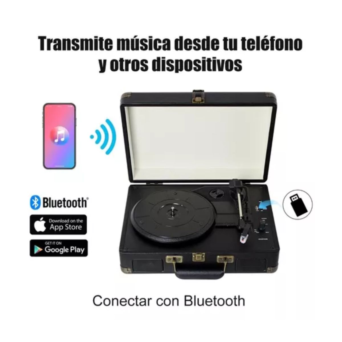 Tocadiscos De Vinilo Negro Retro Portátil Con Bluetooth NEGRO