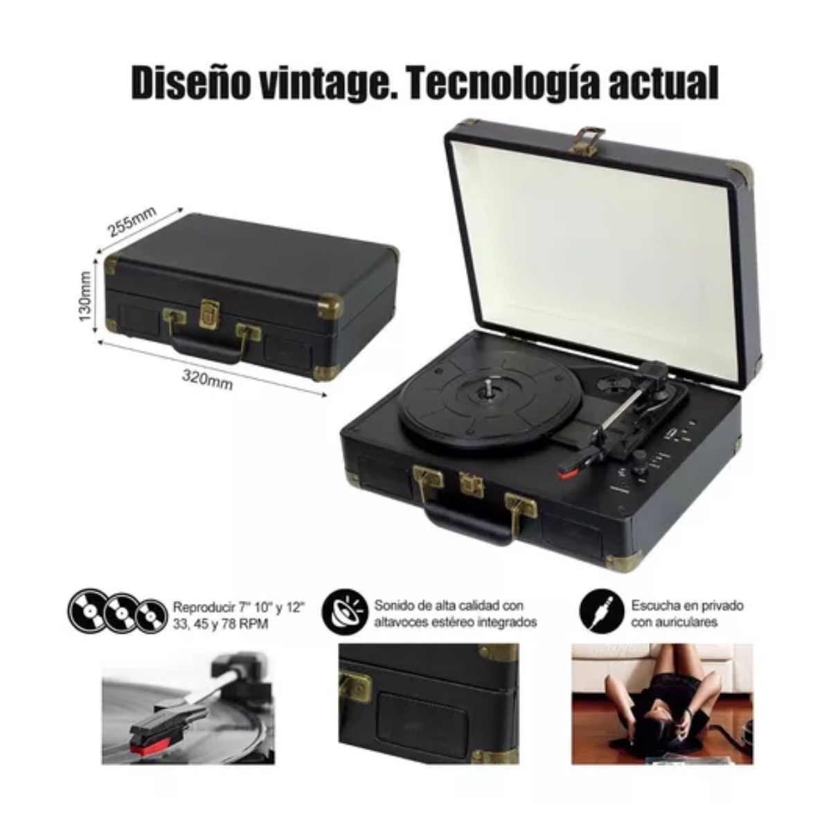 Tocadiscos De Vinilo Negro Retro Portátil Con Bluetooth NEGRO