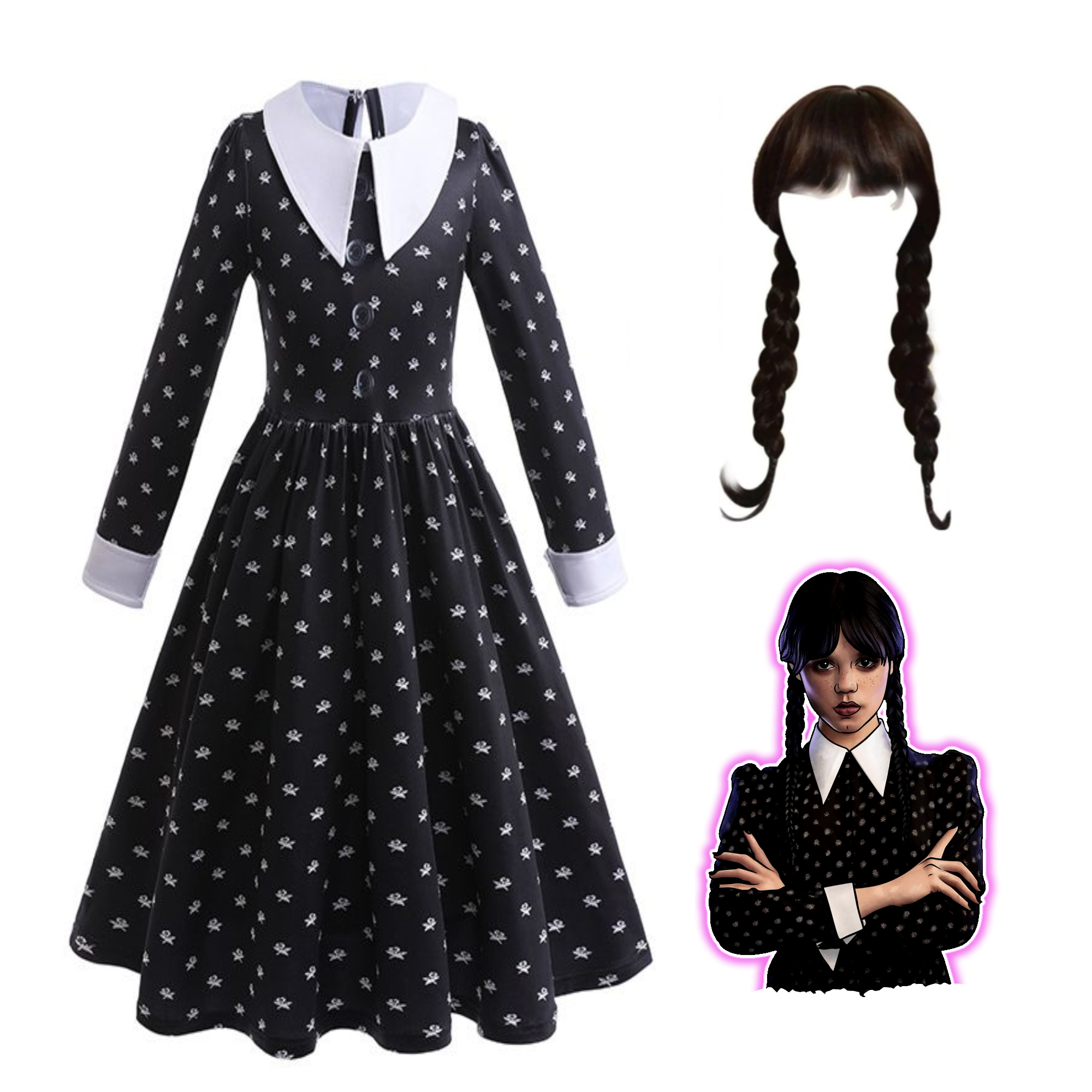 Disfraz De Merlina Peluca Y Vestido Con Estampado Wednesday