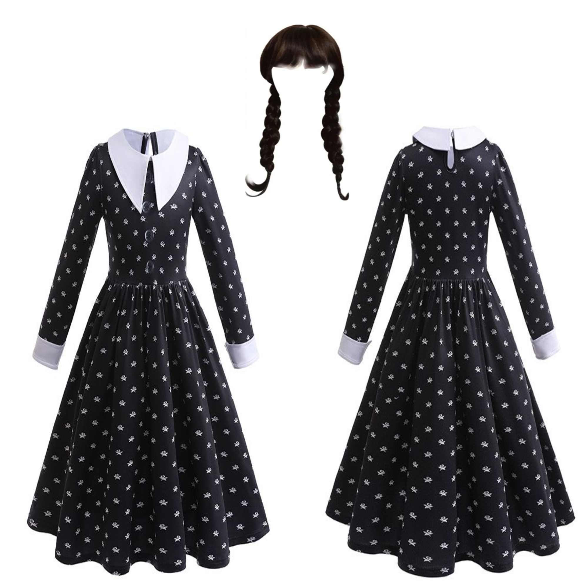 Disfraz De Merlina Peluca Y Vestido Con Estampado Wednesday