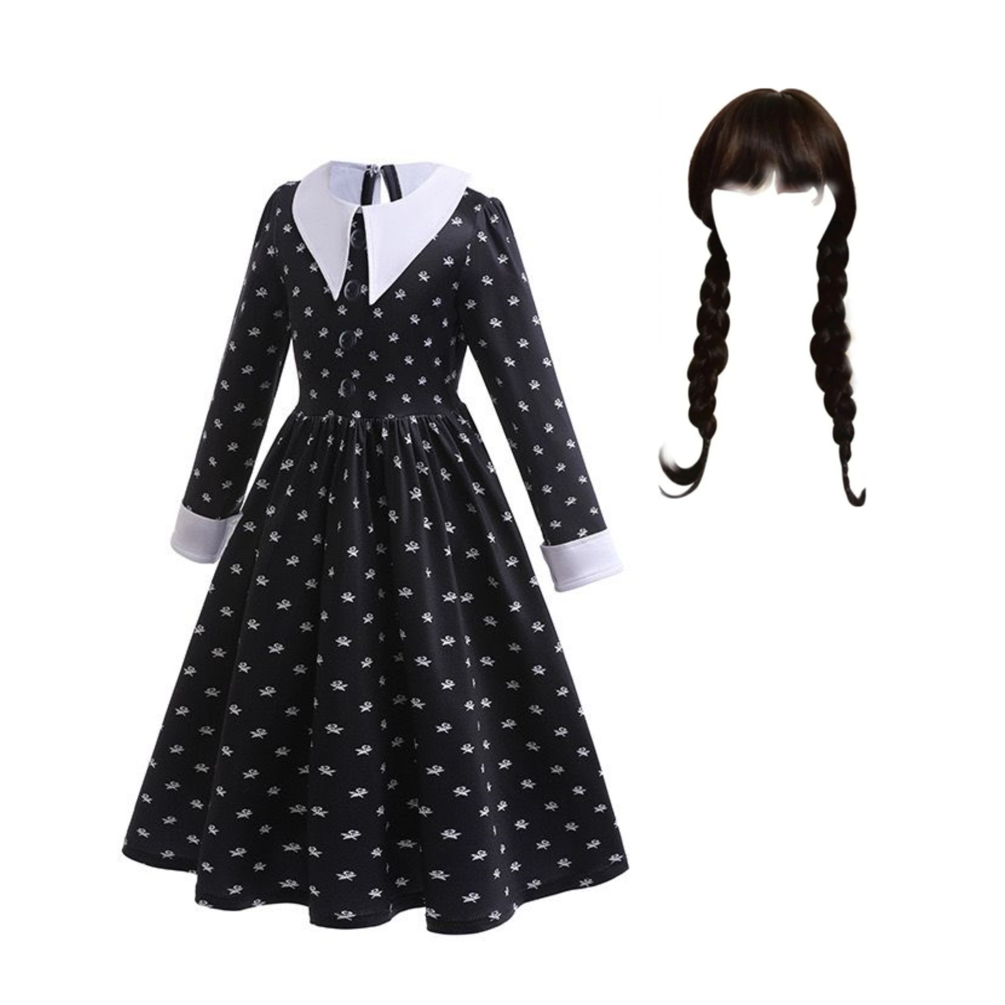 Disfraz De Merlina Peluca Y Vestido Con Estampado Wednesday