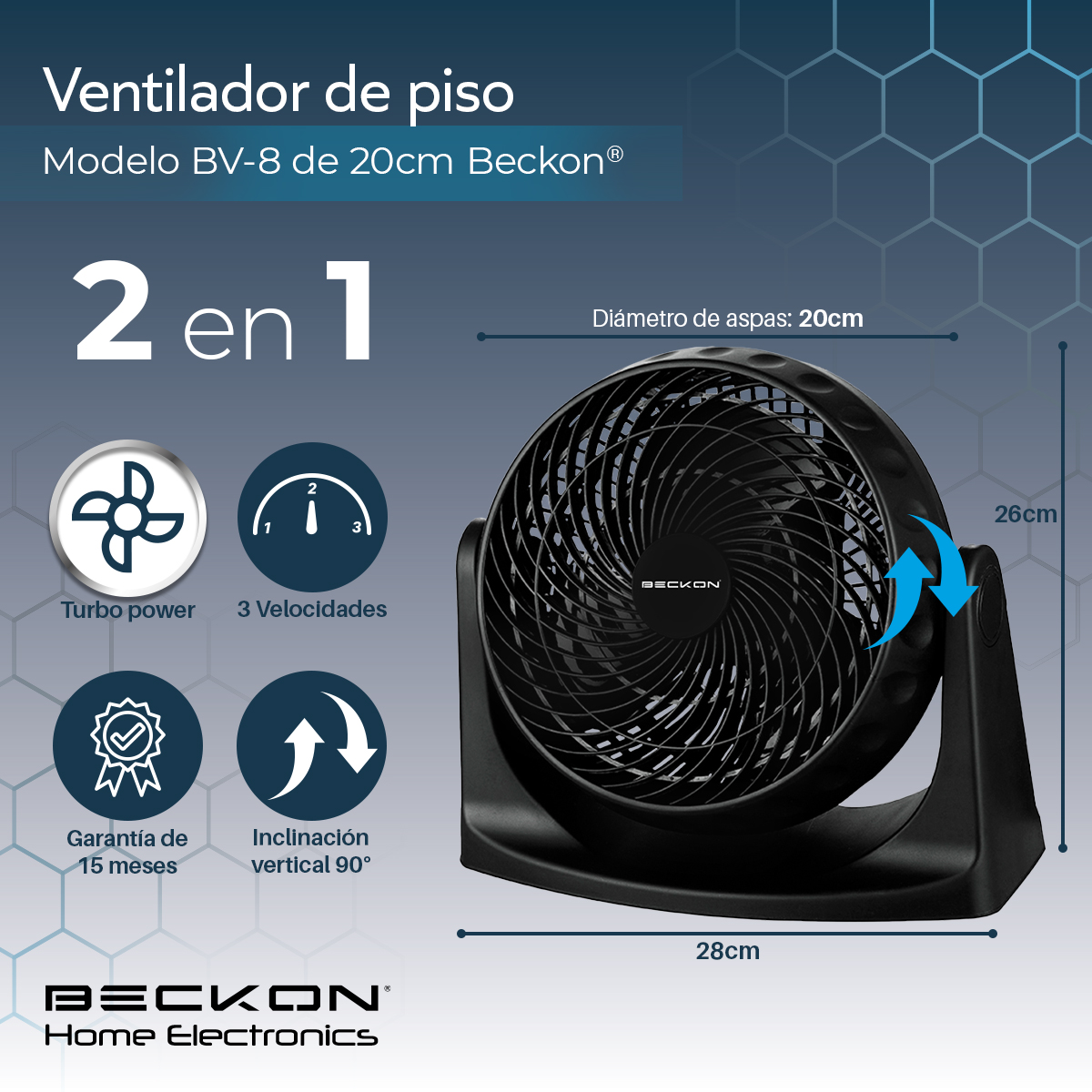Ventilador de piso pared 2 en 1 turbo fan de 8 pulgadas 3 velocidades Negro Beckon