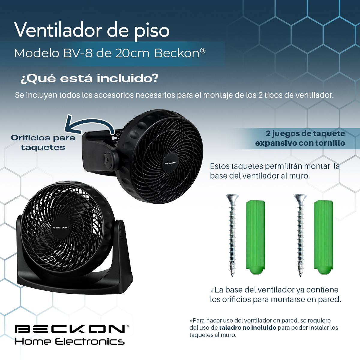 Ventilador de piso pared 2 en 1 turbo fan de 8 pulgadas 3 velocidades Negro Beckon