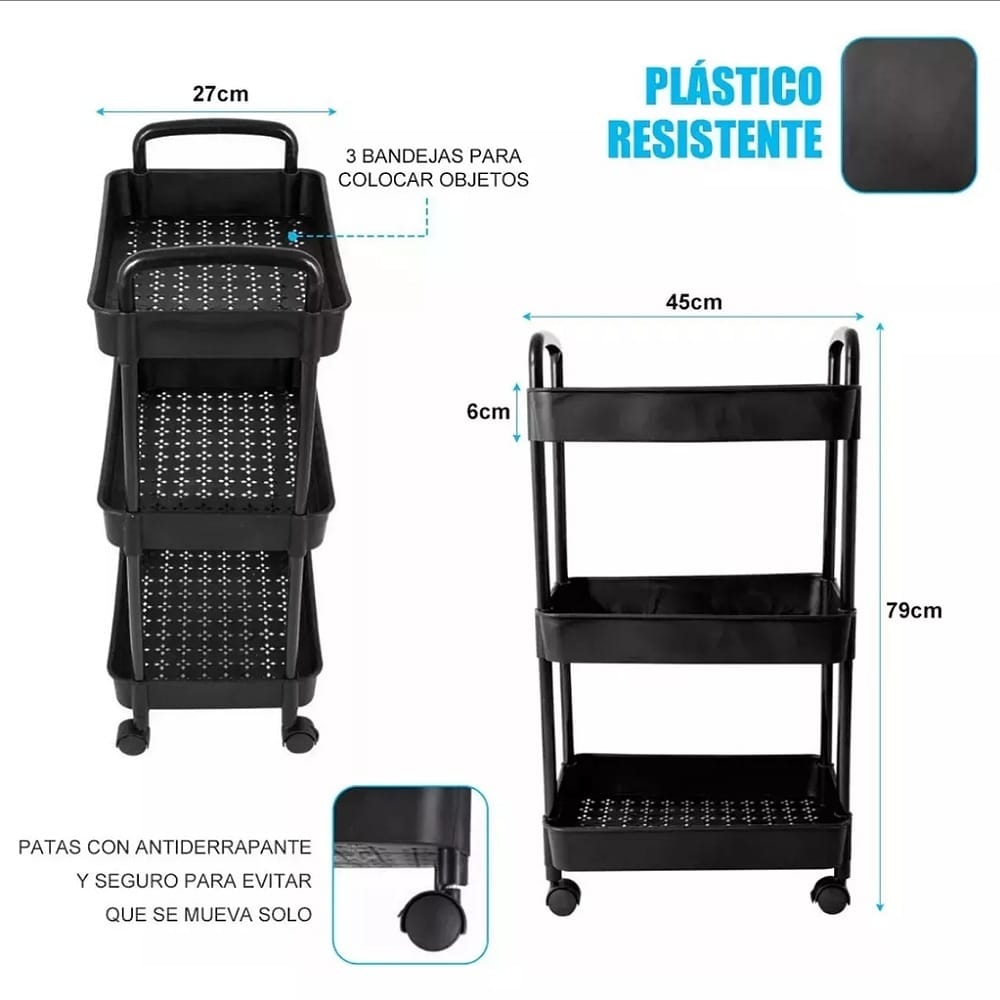 Carrito Organizador Multiusos de plastico 3 Niveles Con Ruedas