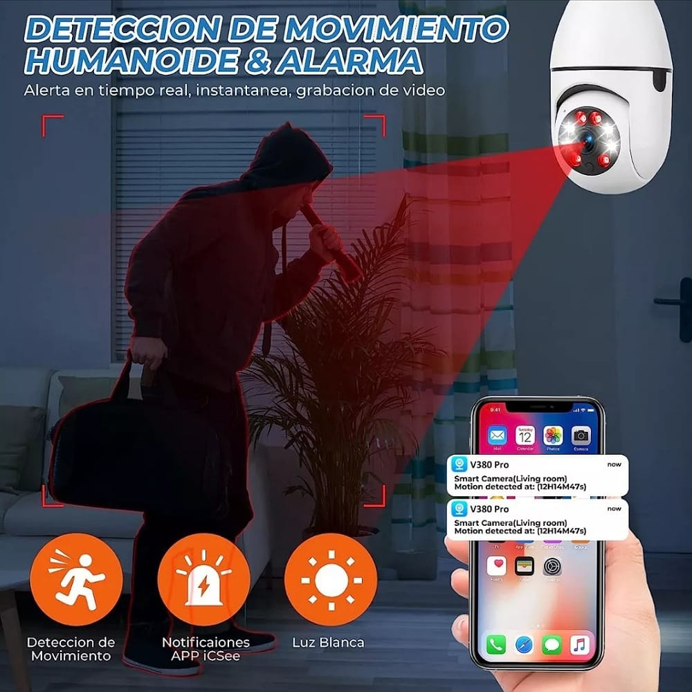 Cámara Vigilancia Wifi Foco Hd 360 grados Exterior/interior+socket