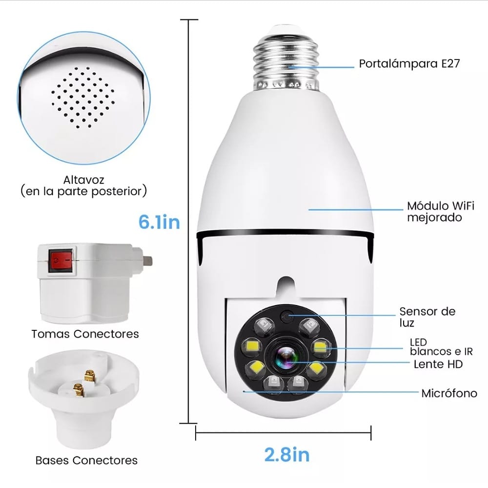 Cámara Vigilancia Wifi Foco Hd 360 grados Exterior/interior+socket