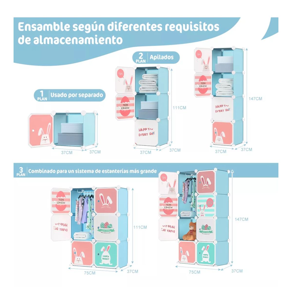 Closet Organizador Armario Plástico Portátil Dibujos Animado Azul