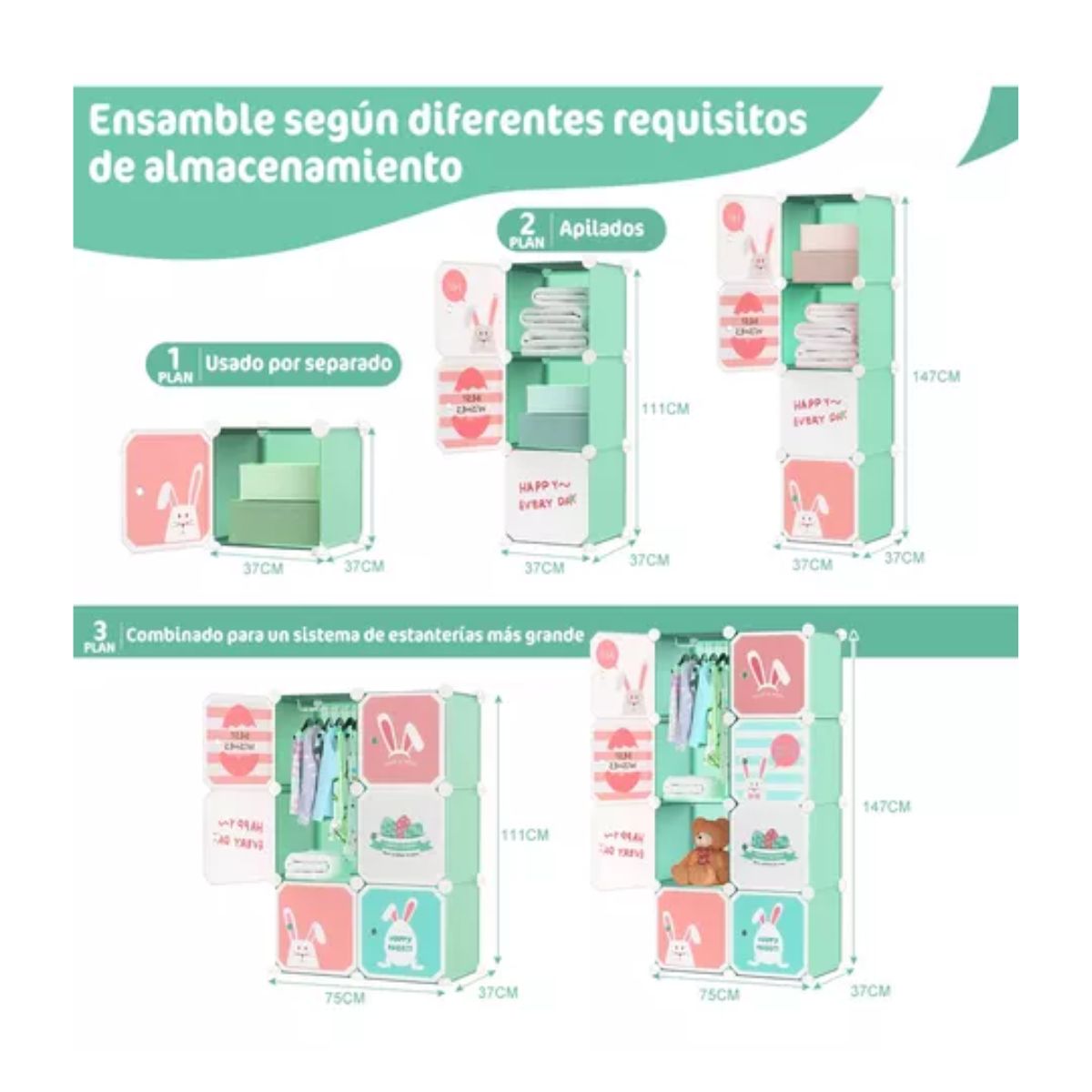 Closet Organizador Armario Plástico Portátil Dibujos Animado VERDE