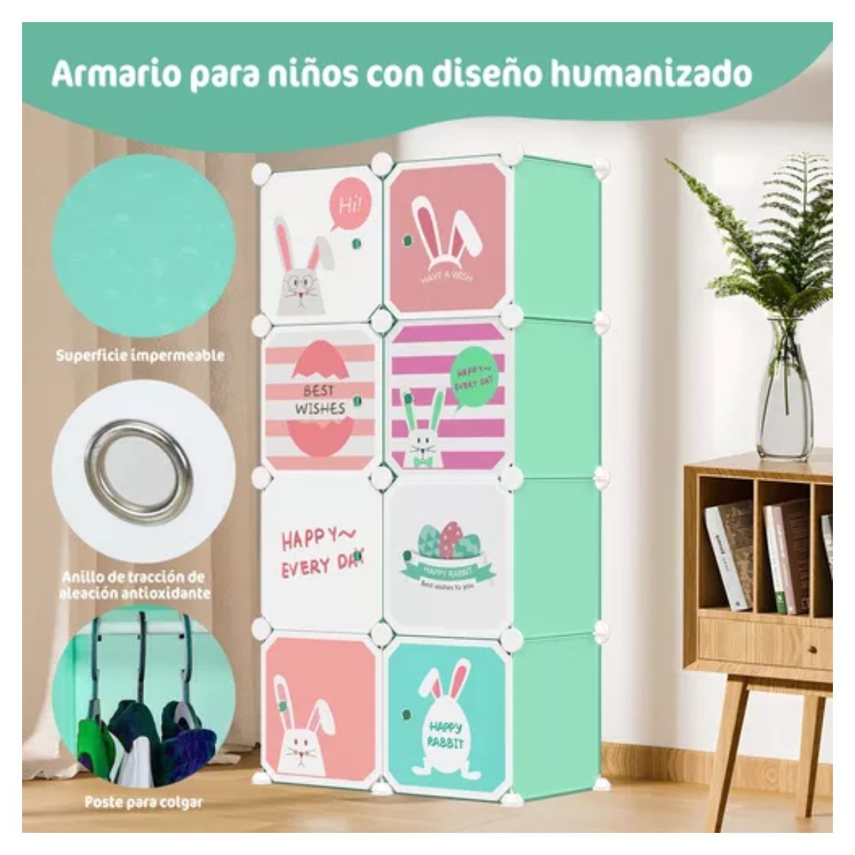 Closet Organizador Armario Plástico Portátil Dibujos Animado VERDE