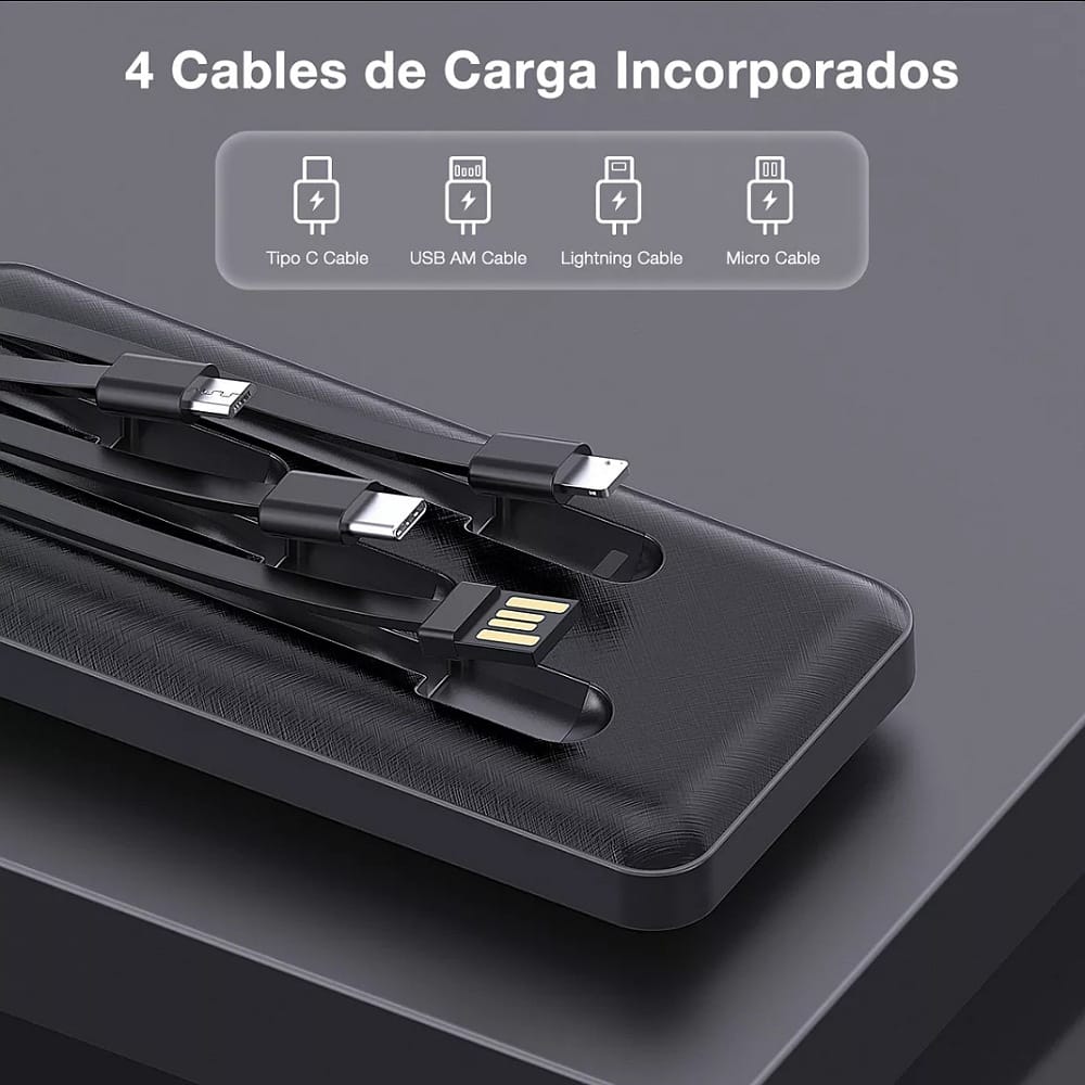 Power Bank 1hora 10000mah Carga 2.1A Bateria Portátil con 4 Cables Micro USB / V8 IP Tipo C GAR148 1hora
