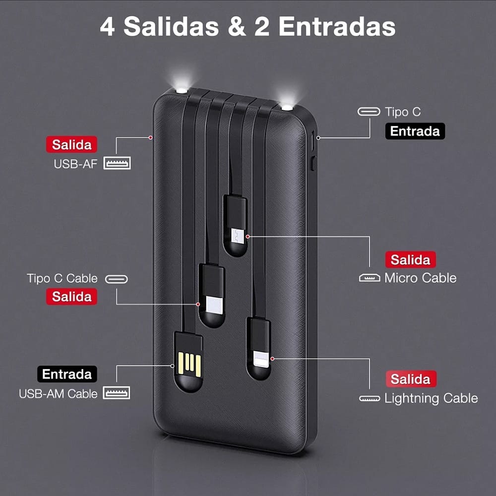 Power Bank 1hora 10000mah Carga 2.1A Bateria Portátil con 4 Cables Micro USB / V8 IP Tipo C GAR148 1hora