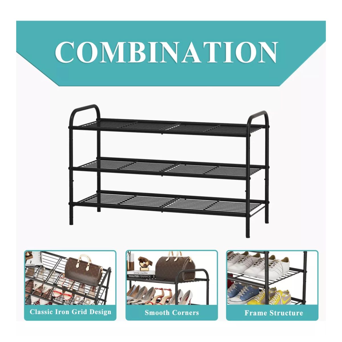 Zapatera 3 Niveles De Metal, Organizador De Zapatos Apilable NEGRO