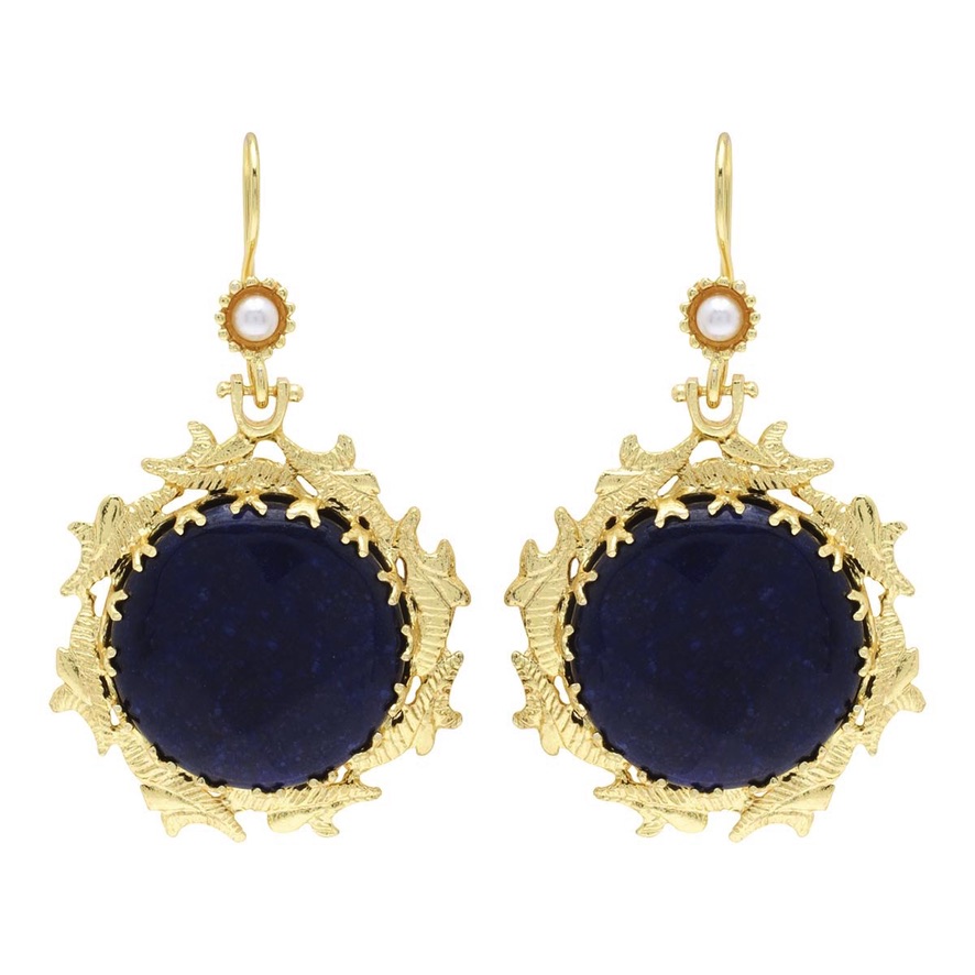 Aretes Centro Piedra Natural Pulida (Negra/Verdosa) montura en Oro Laminado