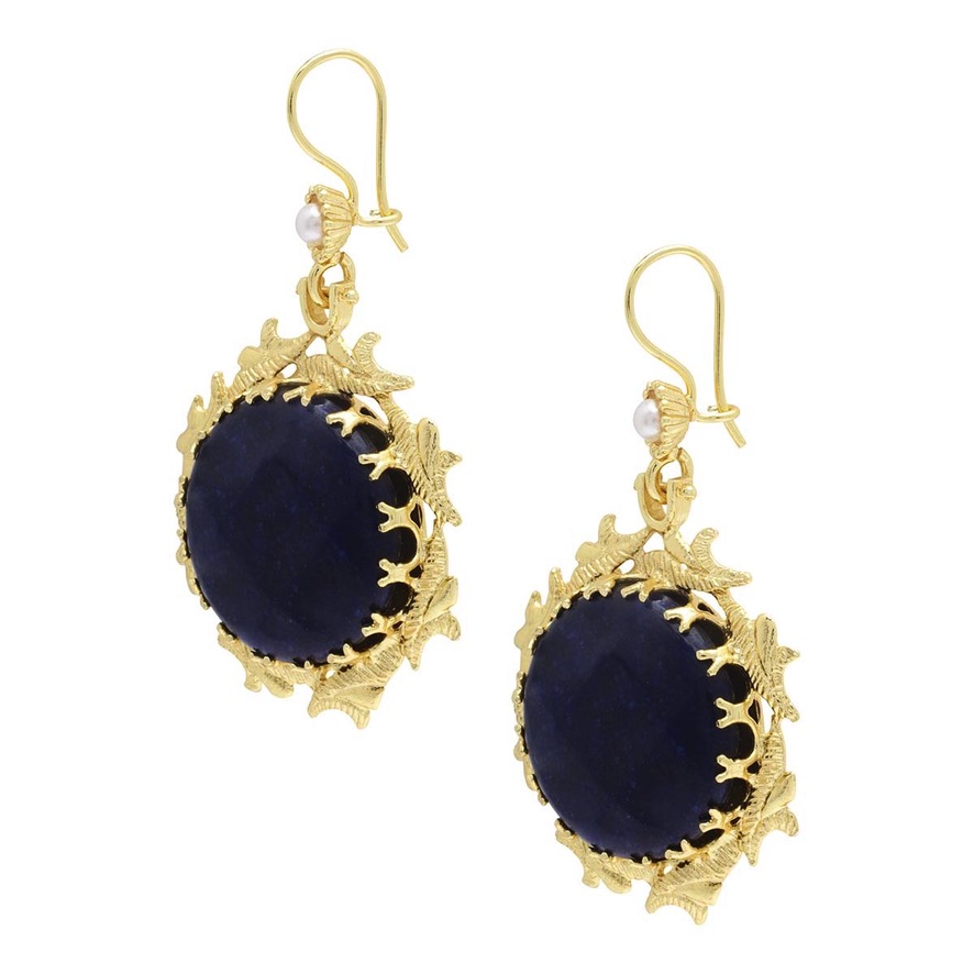 Aretes Centro Piedra Natural Pulida (Negra/Verdosa) montura en Oro Laminado