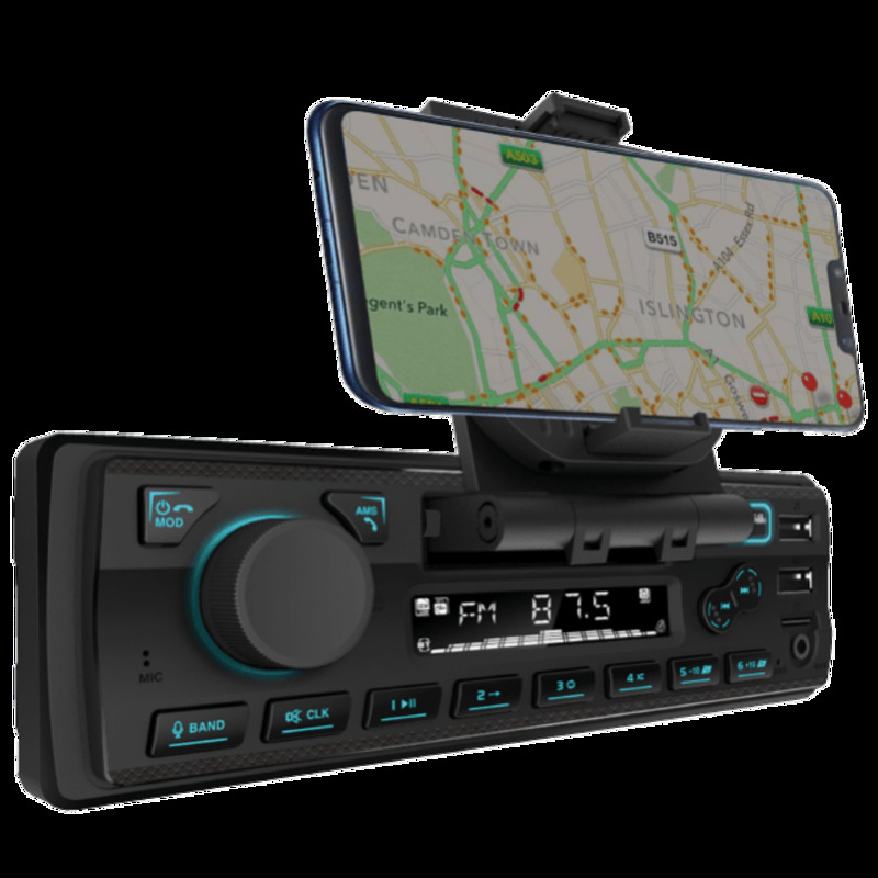 Estéreo 1 DIN Atomic LUNAR SH7 con Reproductor MP3, Soporte para Celular, BT y Doble Puerto USB.