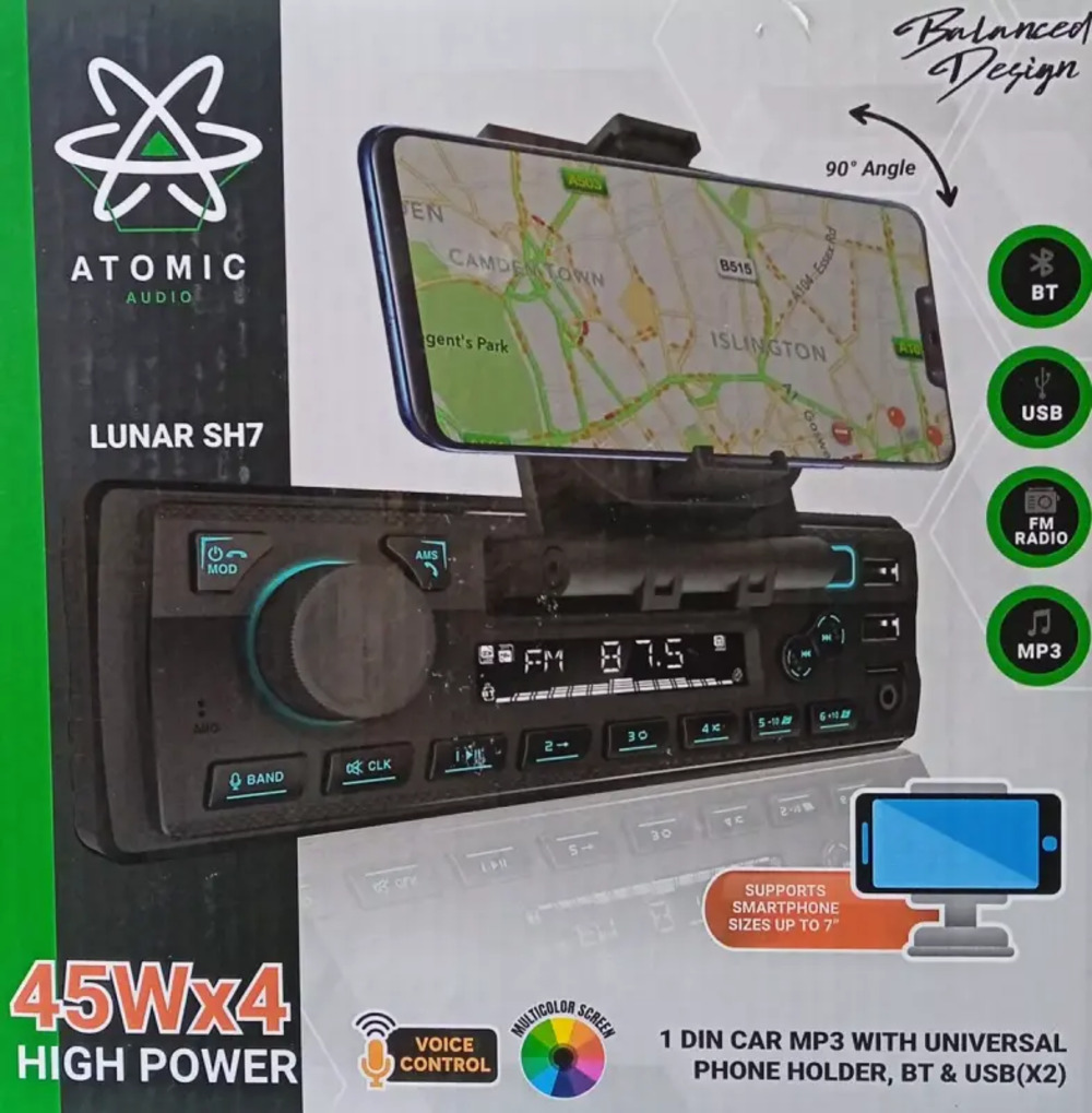 Estéreo 1 DIN Atomic LUNAR SH7 con Reproductor MP3, Soporte para Celular, BT y Doble Puerto USB.