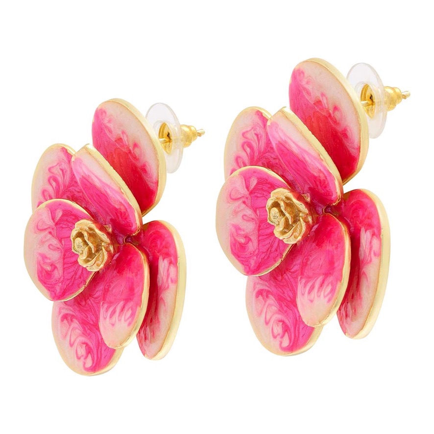 Aretes Flor de Orquídea: Flor Primaveral con Pétalos Esmaltados en Rosa