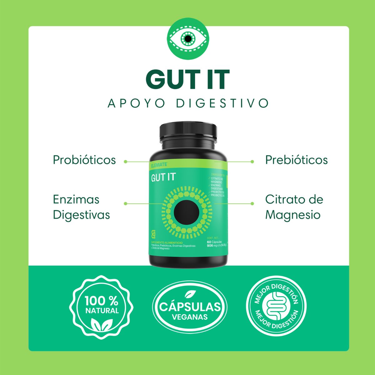 Suplemento 100% Natural A base de Probióticos, Prebióticos, Enzimas Digestivas, Citrato de Magnesio. 60 Cápsulas Veganas. Apoyo Digestivo