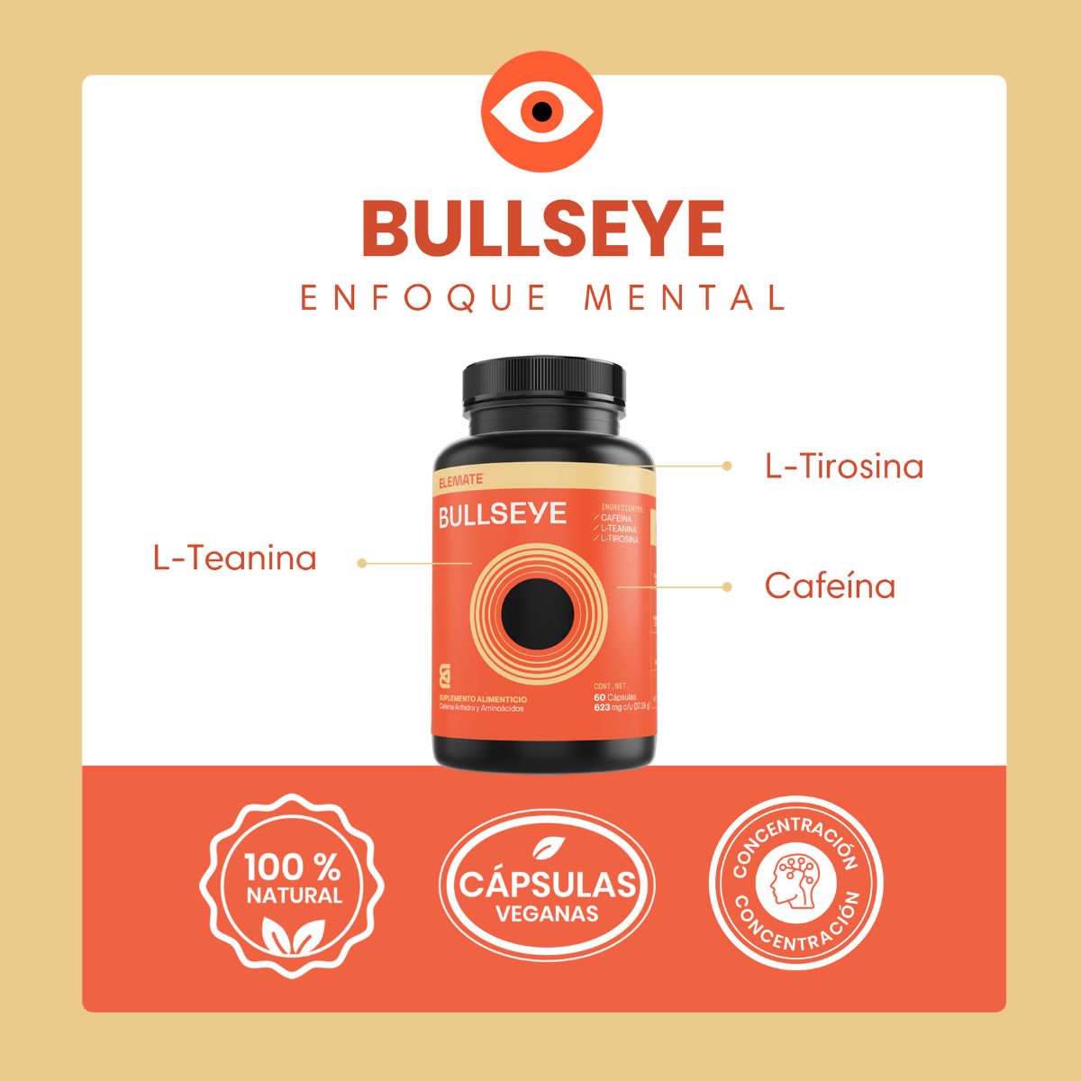 Suplemento Alimenticio 100% Natural Contiene L-Tirosina, Cafeína Anhidra y L-Teanina. Incluye 60 Cápsulas Veganas. Energía y Enfoque Mental