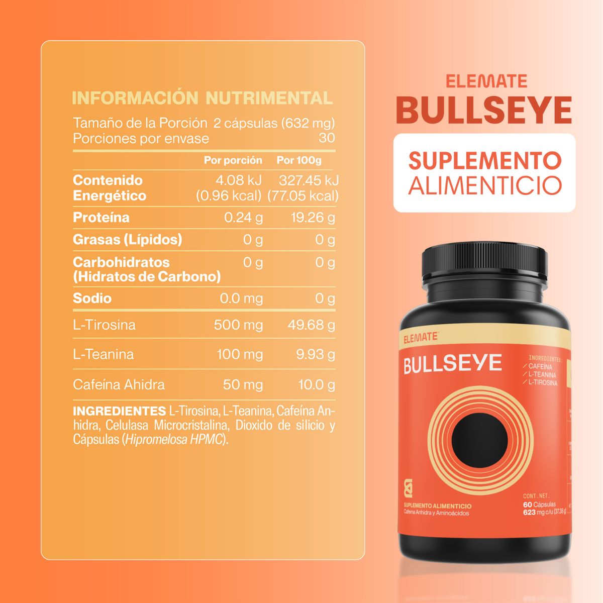 Suplemento Alimenticio 100% Natural Contiene L-Tirosina, Cafeína Anhidra y L-Teanina. Incluye 60 Cápsulas Veganas. Energía y Enfoque Mental