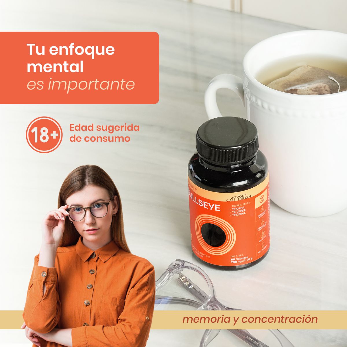 Suplemento Alimenticio 100% Natural Contiene L-Tirosina, Cafeína Anhidra y L-Teanina. Incluye 60 Cápsulas Veganas. Energía y Enfoque Mental