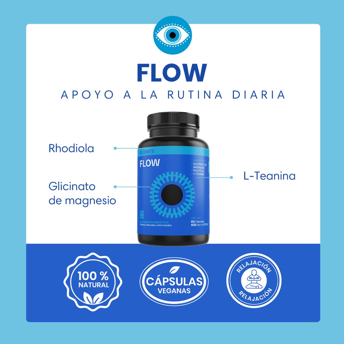 Suplemento Alimenticio 100% Natural Para el Estres Hecho a Base de Magnesio, L-Teanina y  Rhodiola. Contiene 60 Cápsulas Veganas. Apoyo a la Rutina Diaria