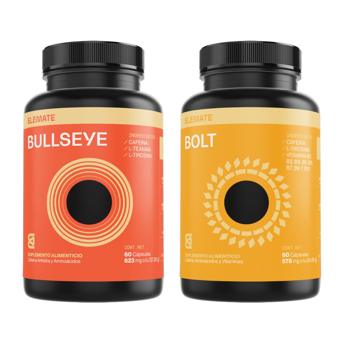 Pack Rendimiento Pre Entreno: Combinación de Bullseye y Bolt. Suplementos 100% Naturales con Vitaminas B, L-Tirosina, Cafeína Anhidra, L-Teanina. Incluye 60 Cápsulas Veganas cada Pote