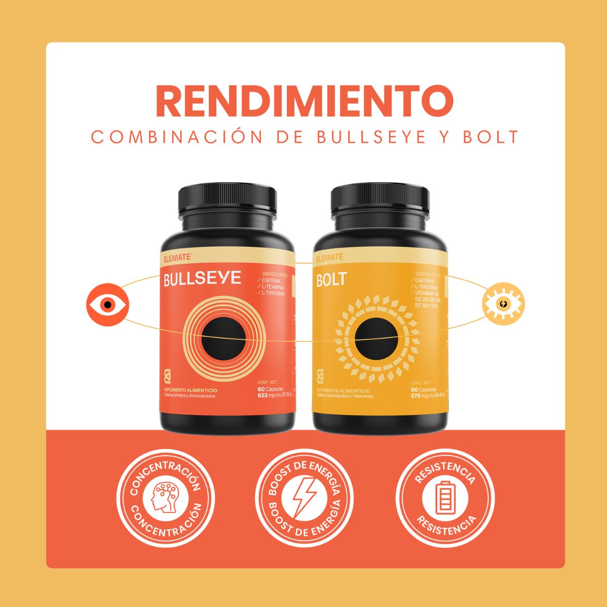Pack Rendimiento Pre Entreno: Combinación de Bullseye y Bolt. Suplementos 100% Naturales con Vitaminas B, L-Tirosina, Cafeína Anhidra, L-Teanina. Incluye 60 Cápsulas Veganas cada Pote