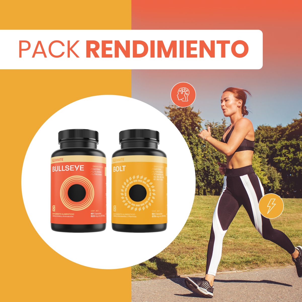 Pack Rendimiento Pre Entreno: Combinación de Bullseye y Bolt. Suplementos 100% Naturales con Vitaminas B, L-Tirosina, Cafeína Anhidra, L-Teanina. Incluye 60 Cápsulas Veganas cada Pote