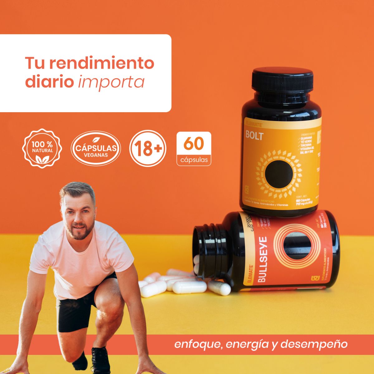 Pack Rendimiento Pre Entreno: Combinación de Bullseye y Bolt. Suplementos 100% Naturales con Vitaminas B, L-Tirosina, Cafeína Anhidra, L-Teanina. Incluye 60 Cápsulas Veganas cada Pote