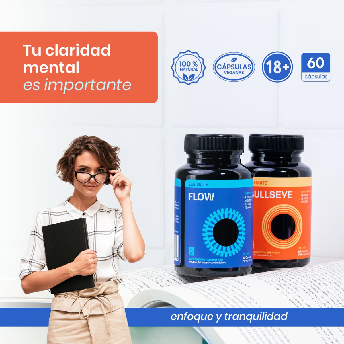 Suplementos a base de Magnesio L-Tirosina, Cafeína Anhidra, L-Teanina y Rhodiola. Pack x 2.  Incluye 60 Cápsulas Veganas