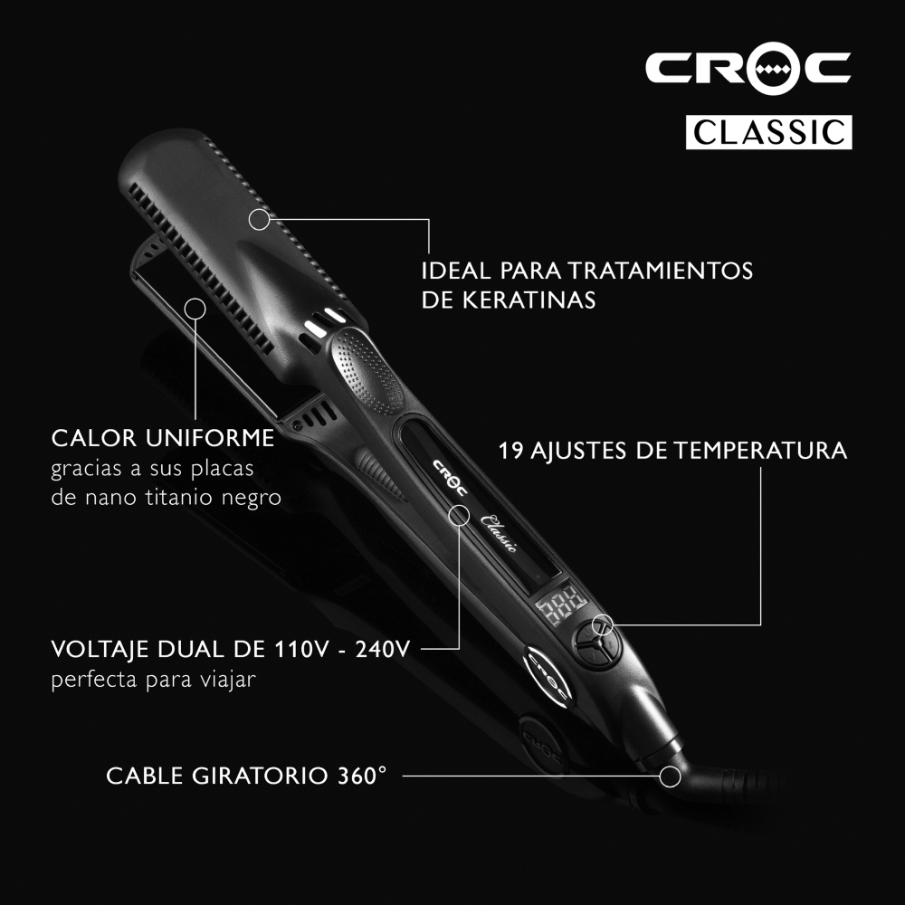Alaciadora para cabello CROC Classic, Ideal para tratamientos de Keratina