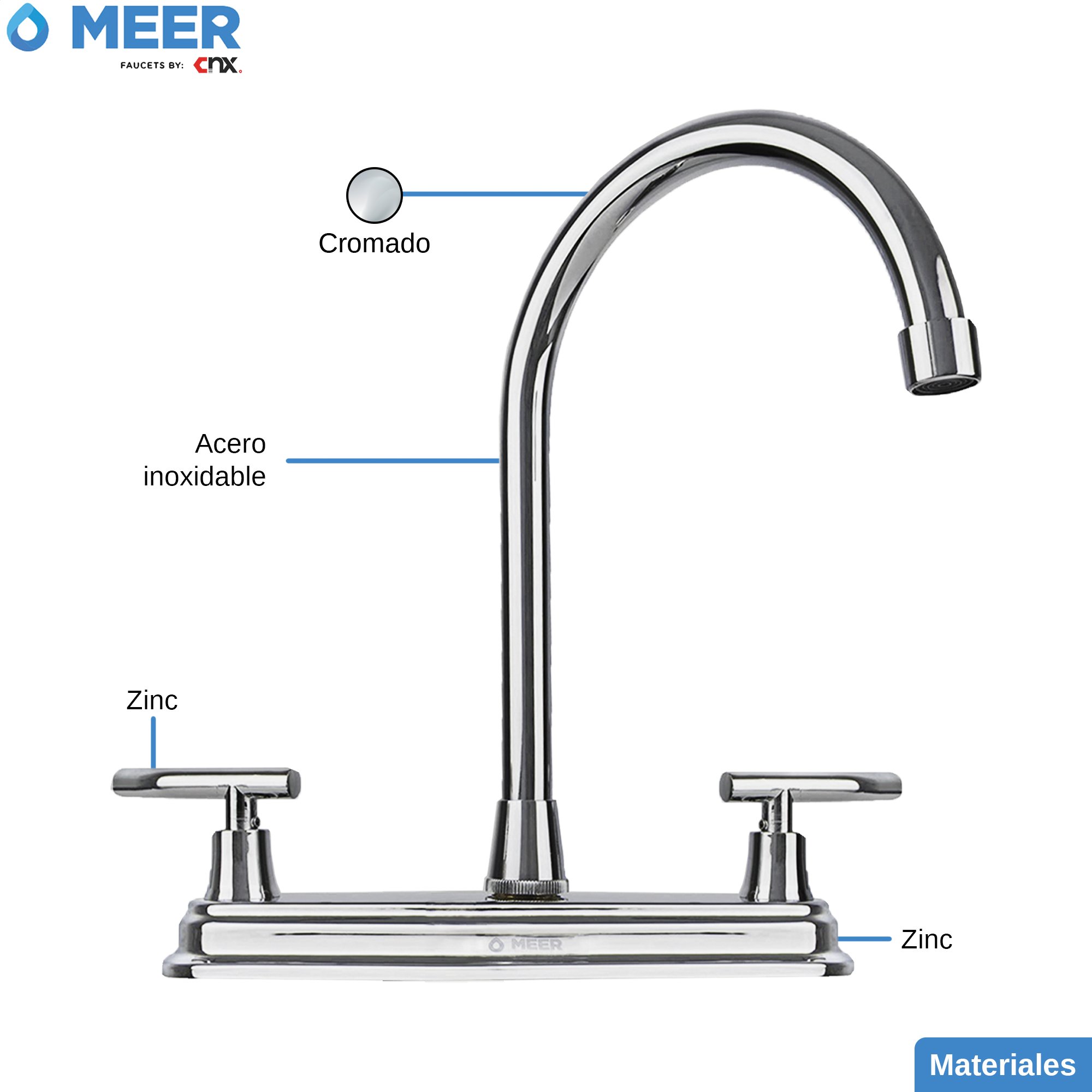 MEER Faucets by CNX | Mezcladora para Fregadero de Acero Inoxidable y Zinc Cromado