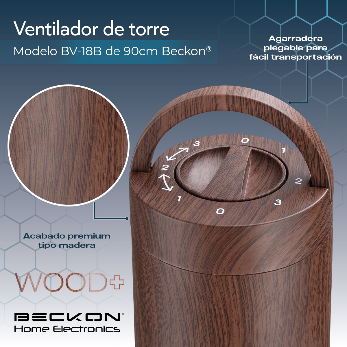 Ventilador de torre WOOD+ acabado tipo madera con oscilación 90 cm de alto