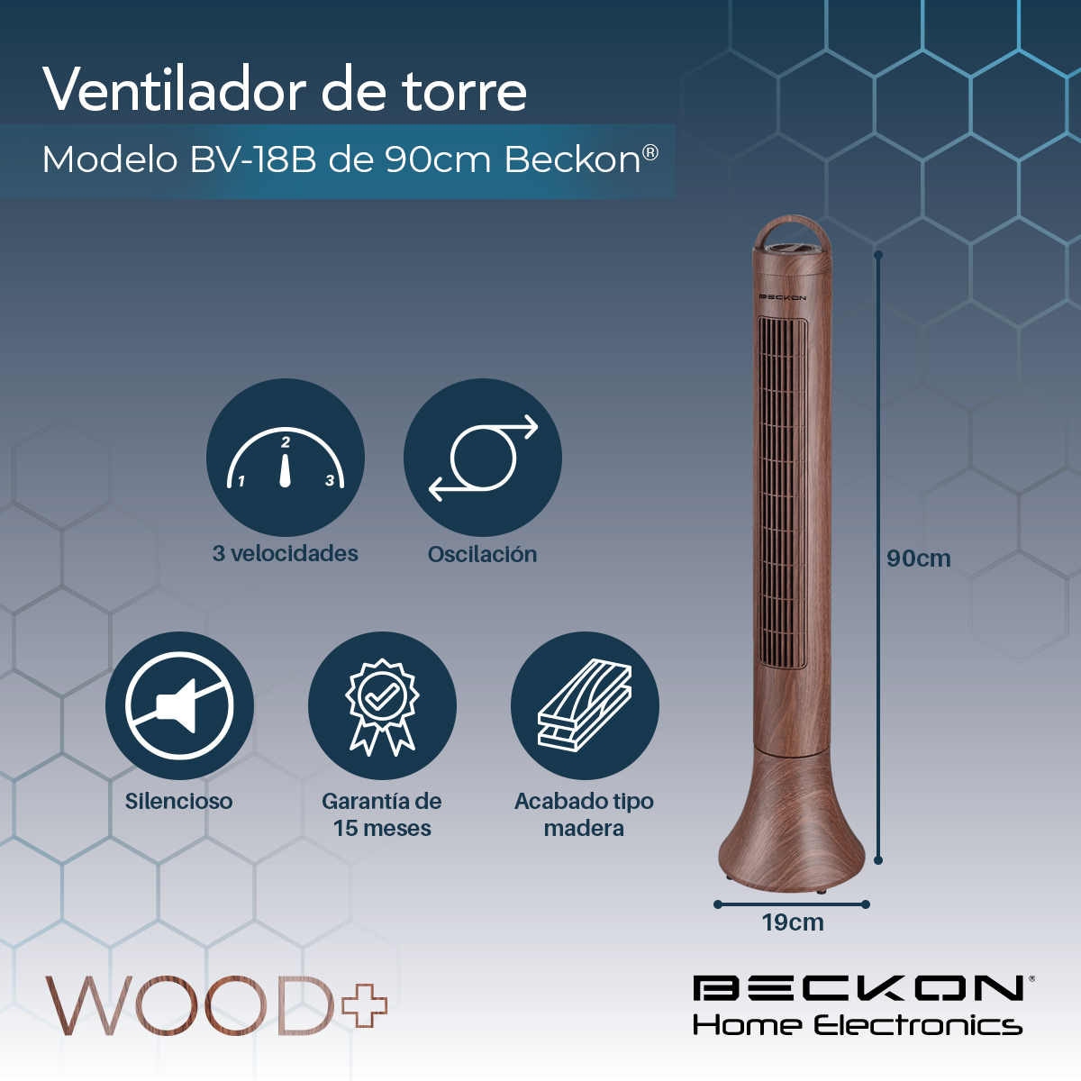 Ventilador de torre WOOD+ acabado tipo madera con oscilación 90 cm de alto