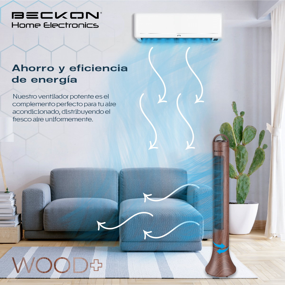 Ventilador de torre WOOD+ acabado tipo madera con oscilación 90 cm de alto