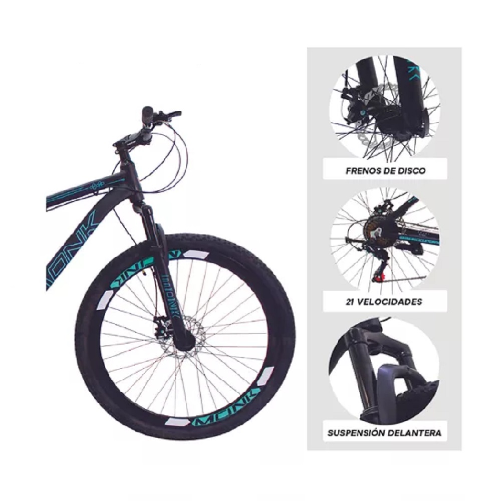 Mountain bike Monk Montaña Keil R29 21 Velocidades frenos de disco mecánico cambios Shimano Tourney TZ color negro con pie de apoyo