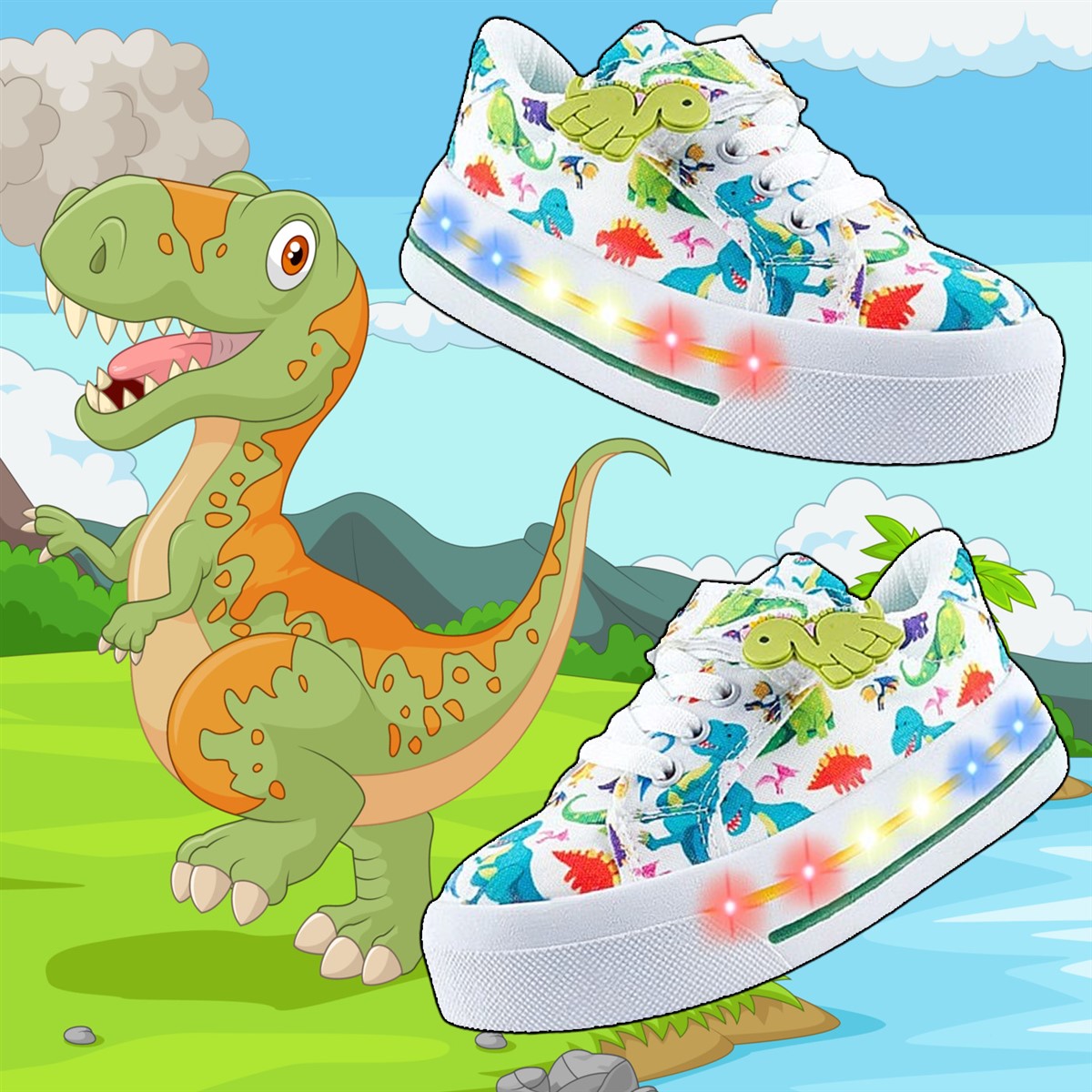 Tenis Niño Dinosaurios Blancos Rex Luces Leds T-rex 1026-bd.