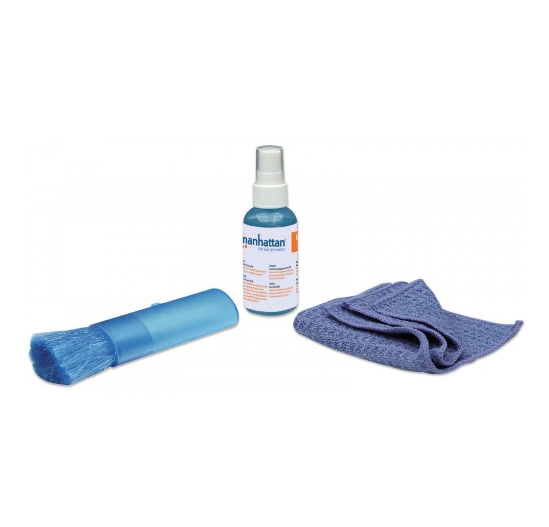 Kit de Limpieza para PC y Pantalla Manhattan incluye Solución de Limpieza, Brocha, Paño de Microfibra y Bolsa para Guardar