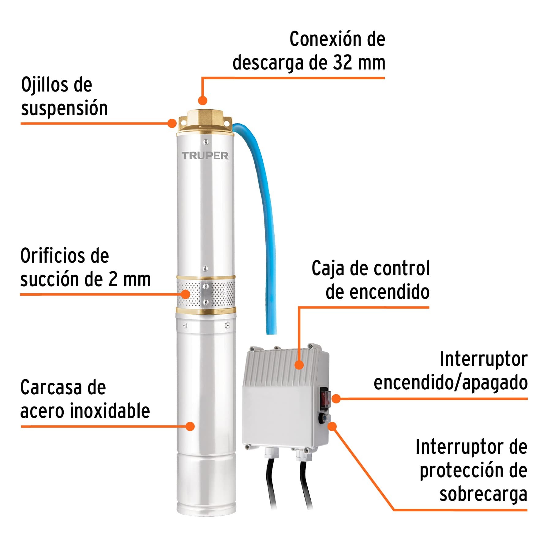 BOMBA SUMERGIBLE, TIPO BALA, 1/2 HP, AGUA LIMPIA, TRUPER 16933