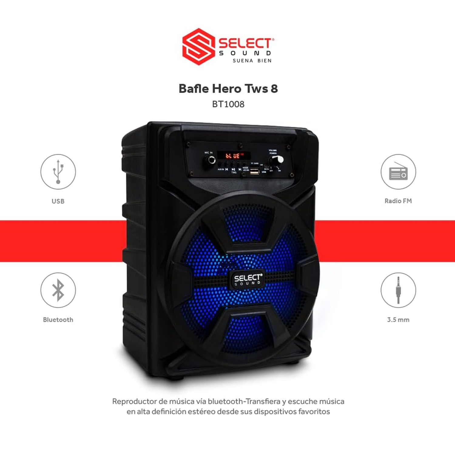 Bafle Amplificado 8" Hero Select Sound BT1008 con Tws, Bluetooth